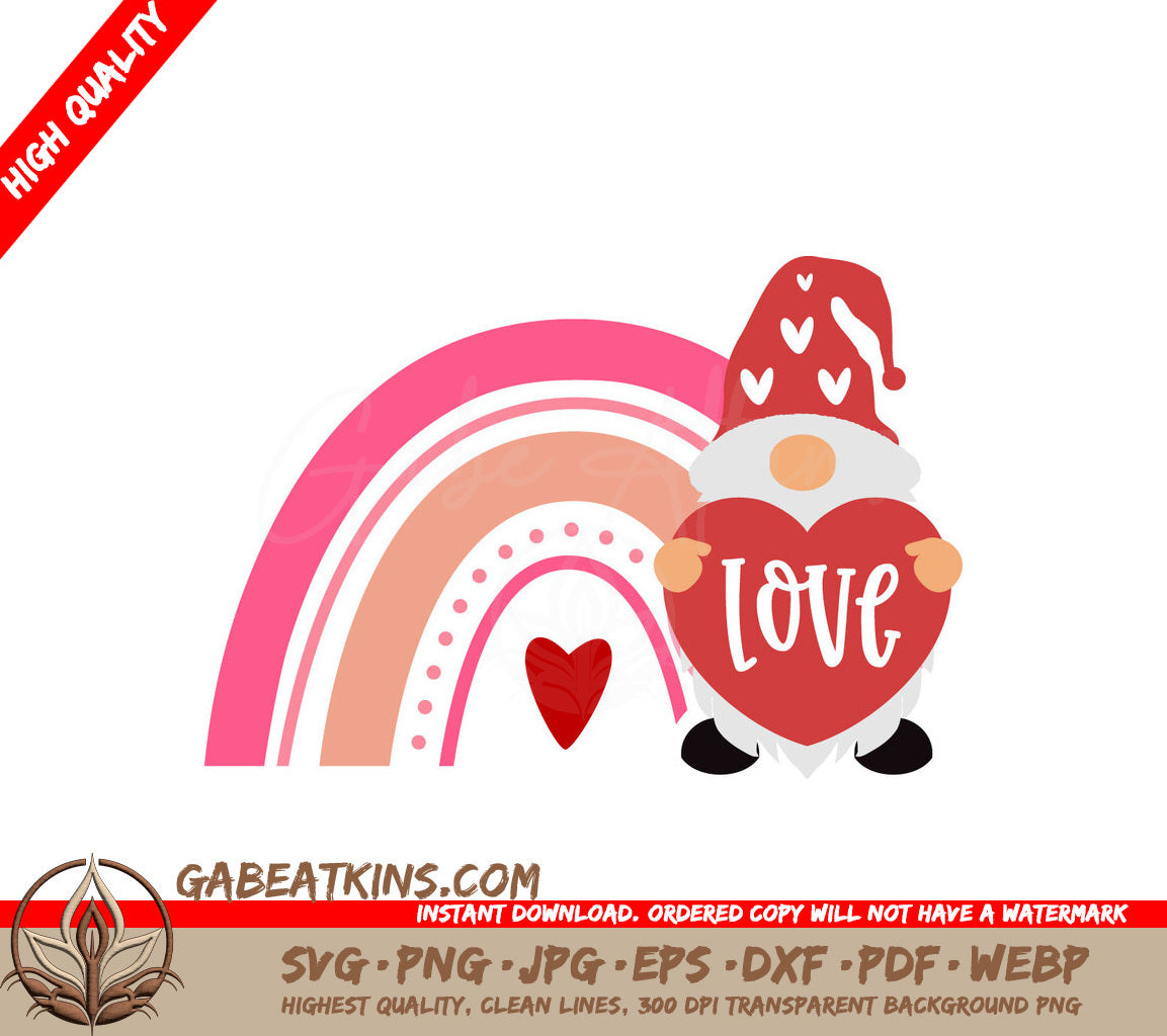 Rainbow Gnome Holding a Heart with Love SVG for Valentines Day SVG