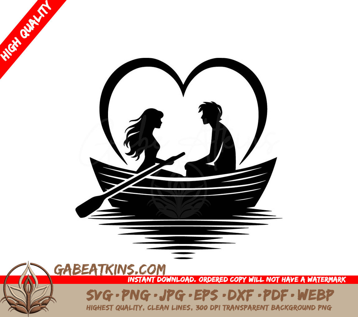 A Man And A Woman In A Boat With A Heart In The Background SVG - Love Boat Adventure SVG