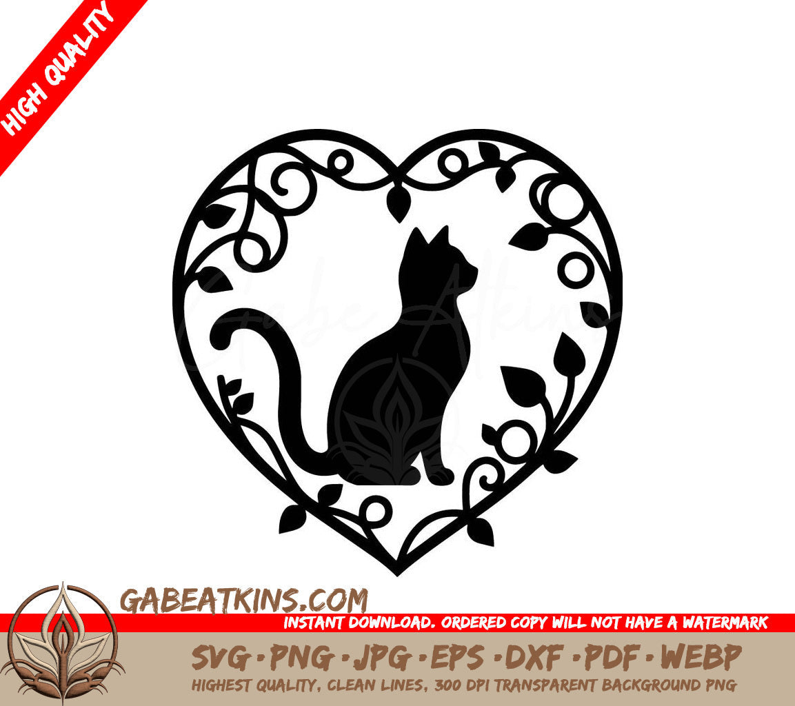 A Silhouette Of A Cat In A Heart Surrounded By Leaves SVG - Love Cat SVG