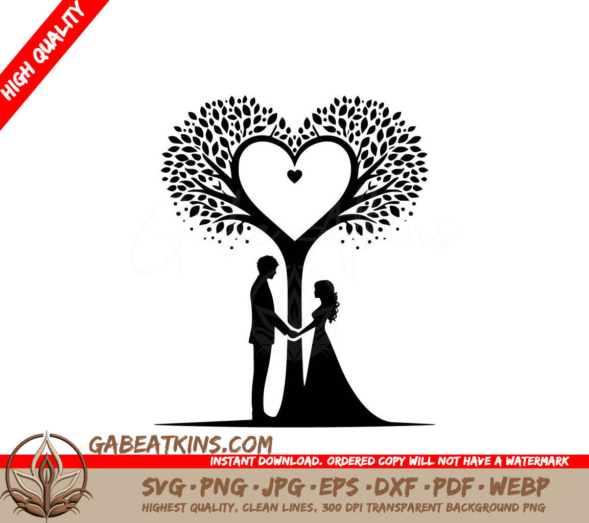 A Bride And Groom Holding Hands Under A Heart Shaped Tree SVG - Love Tree SVG