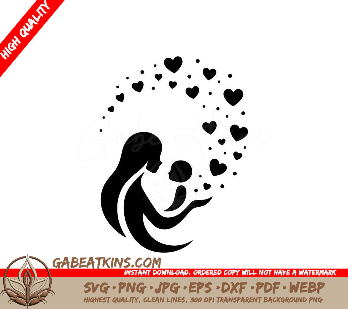 A Silhouette Of A Woman Holding A Baby With Hearts Coming Out Of Her Hands SVG - Loving Embrace SVG