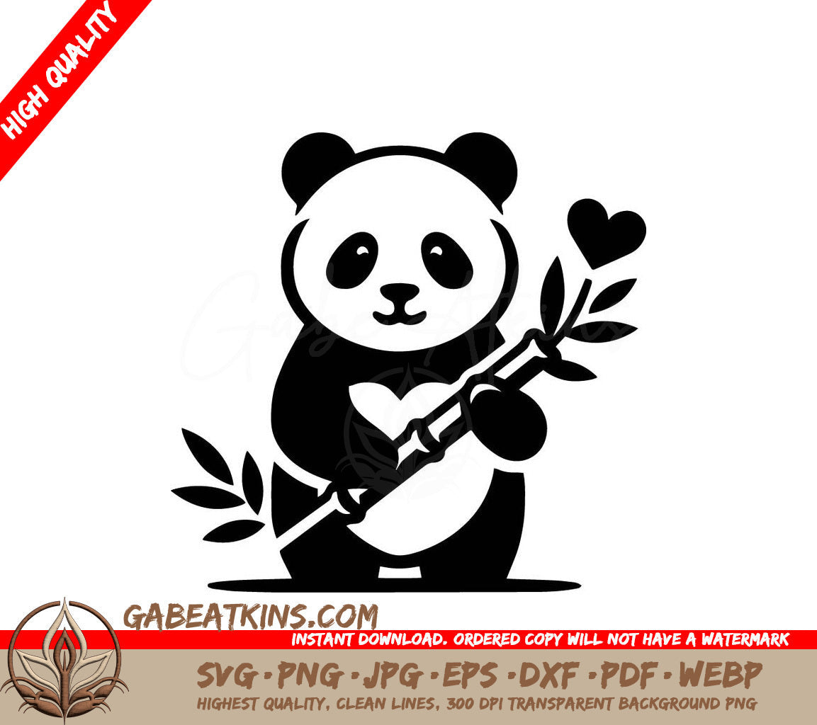 A Panda Bear Is Holding A Bamboo Branch With Leaves And A Heart On It SVG - Loving Panda Bamboo SVG