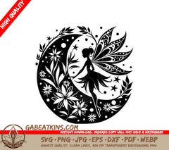 Magical Fairy on Crescent Moon with Flowers SVG SVG