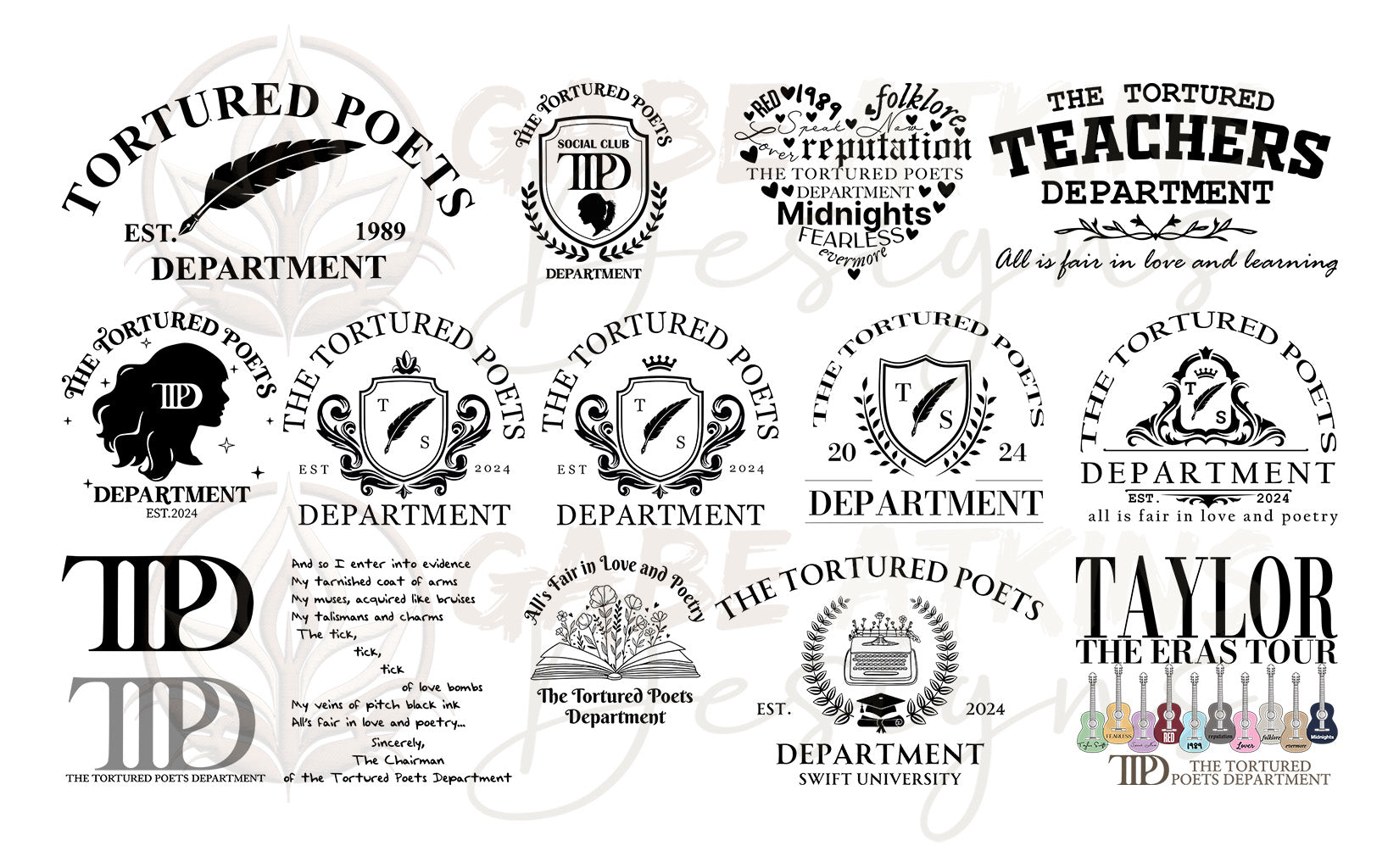 The Tortured Poets Department SVG Bundle V2 | 13 TTPD SVG Bundle Desig | SVG, PNG JPG, EPS, DXF, PDF File Formats Included Vol