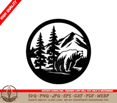 A Bear In A Circle With Trees And Mountains In The Background