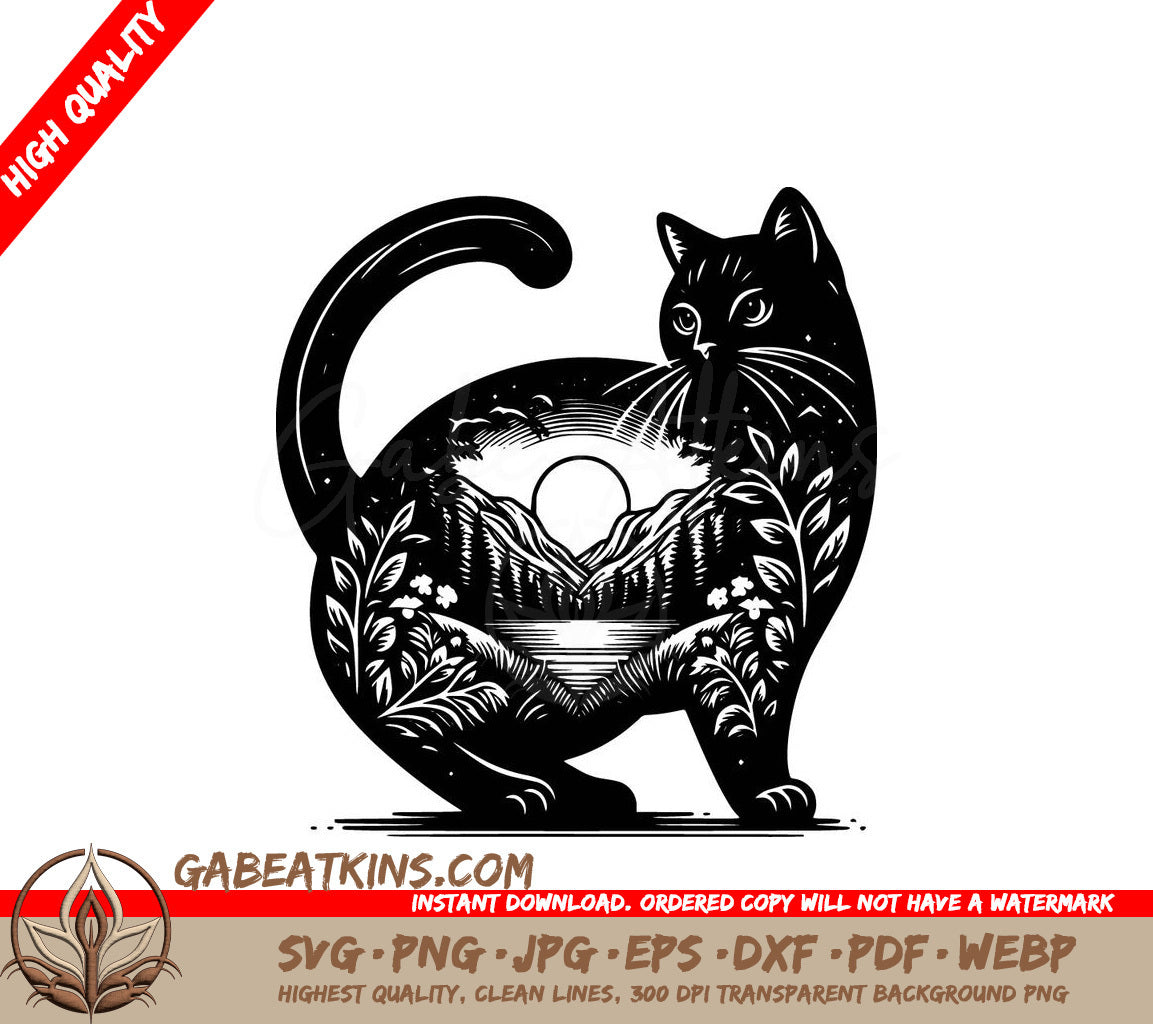 A Black Cat With A Landscape Inside Of It SVG - Majestic Cat Landscape SVG