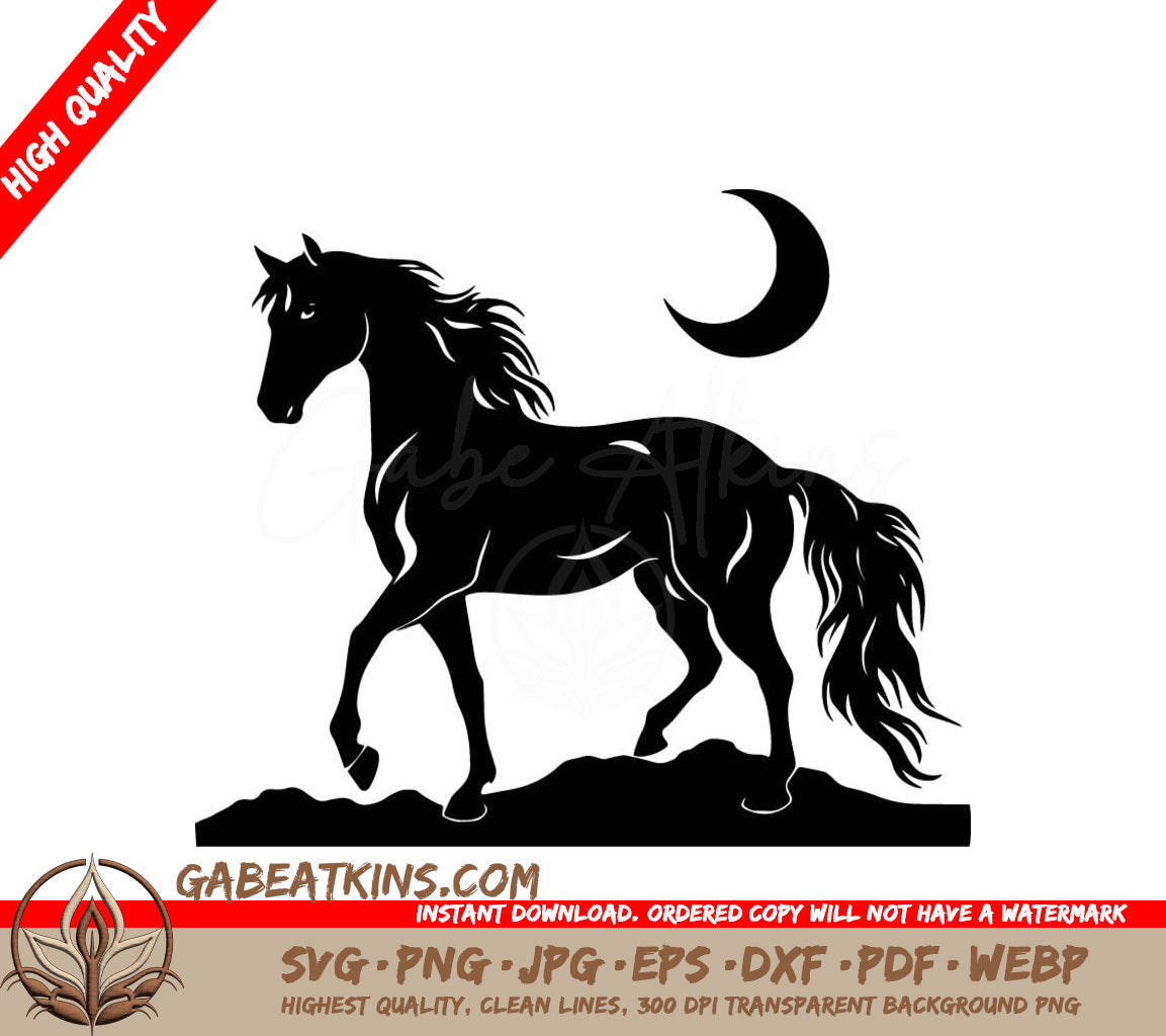 A Silhouette Of A Horse With A Crescent Moon In The Background SVG - Majestic Moonlit Horse SVG