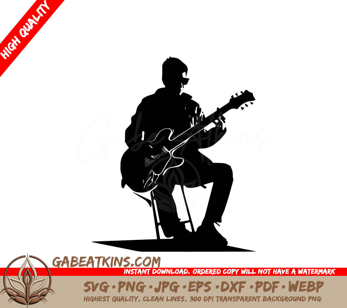 A Man Is Sitting On A Stool Playing An Electric Guitar SVG - Man Playing Electric Guitar SVG