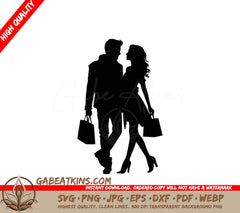 A Silhouette Of A Man And Woman Carrying Shopping Bags SVG - Man and Woman Shopping SVG