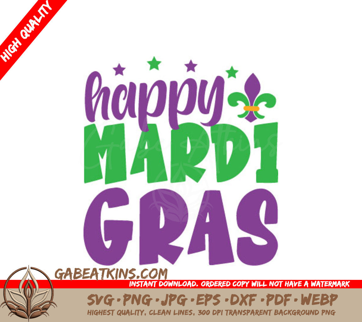 Happy Mardi Gras SVG Design with Green & Purple Fleur-de-lis SVG