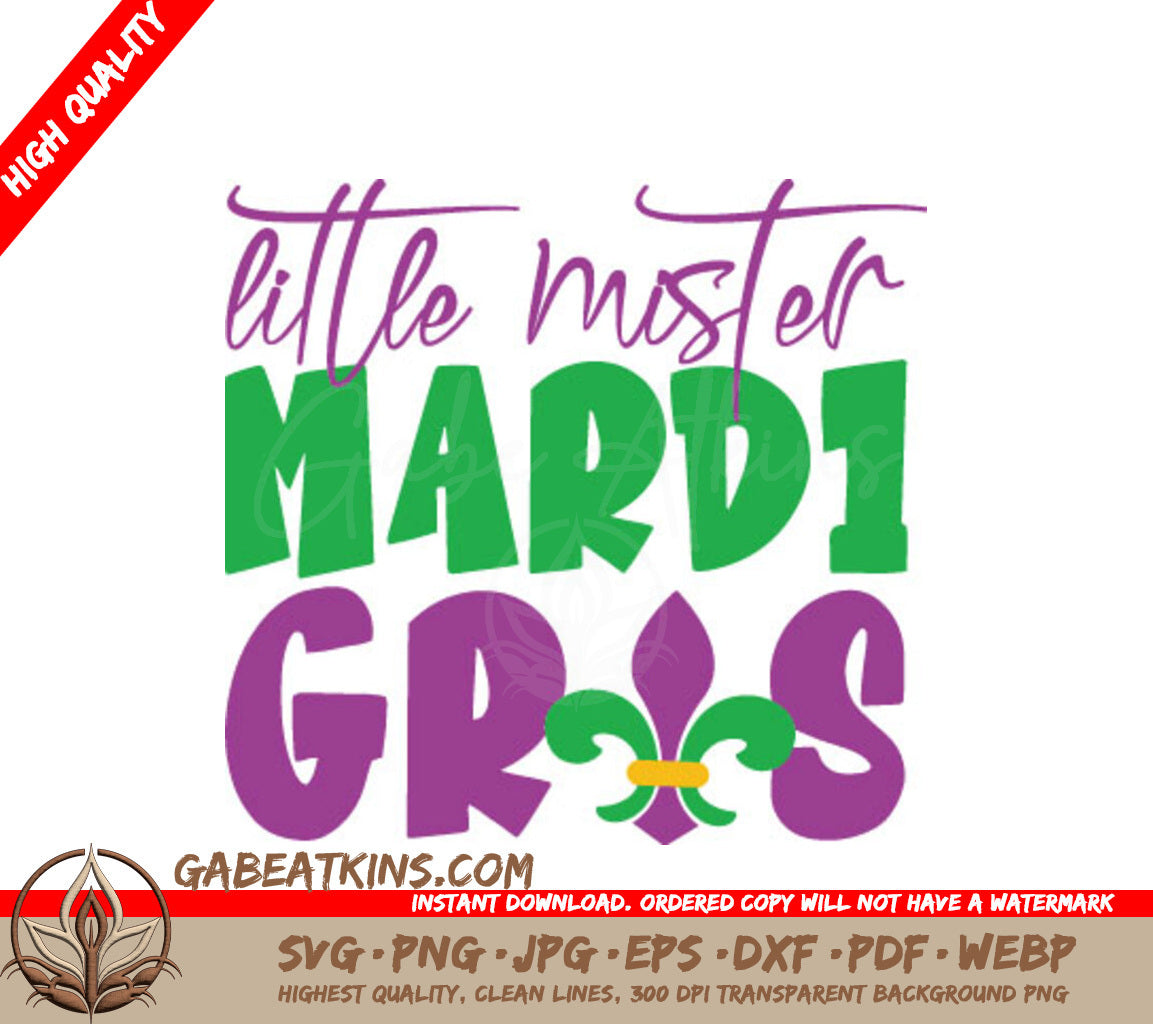 Little Mister Mardi Gras SVG - Green & Purple Fleur De Lis Design SVG