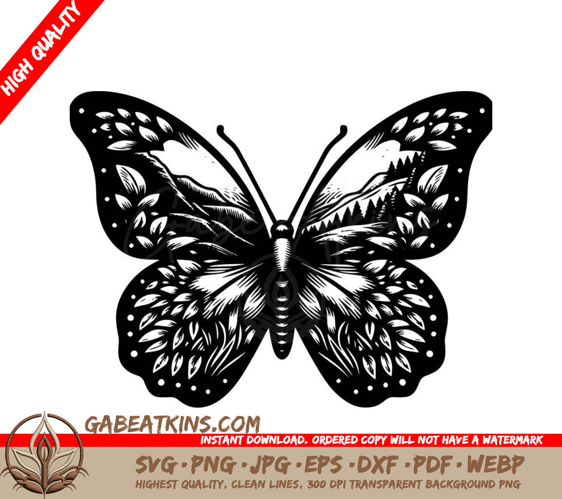 Meadow Butterfly SVG - A Black And White Butterfly With Mountains And Trees On Its Wings