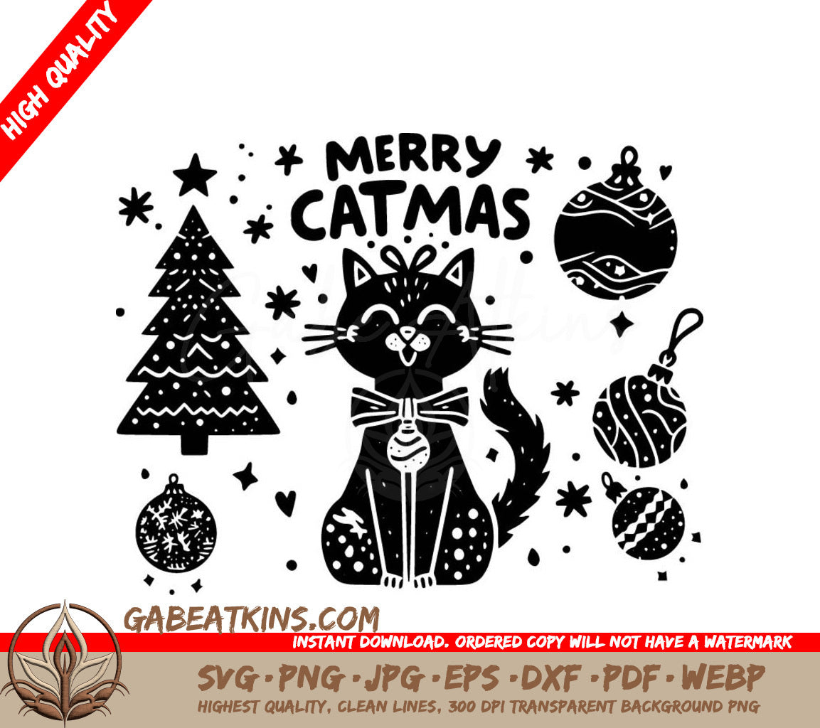 A Black Cat Wearing A Bow Tie Is Surrounded By Christmas Decorations And The Words Merry Catmas SVG - Merry Catmas SVG