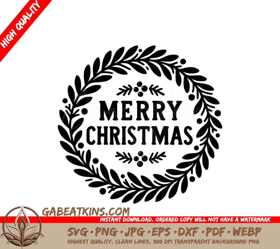 A Black And White Christmas Wreath With The Words Merry Christmas SVG - Merry Christmas Wreath SVG