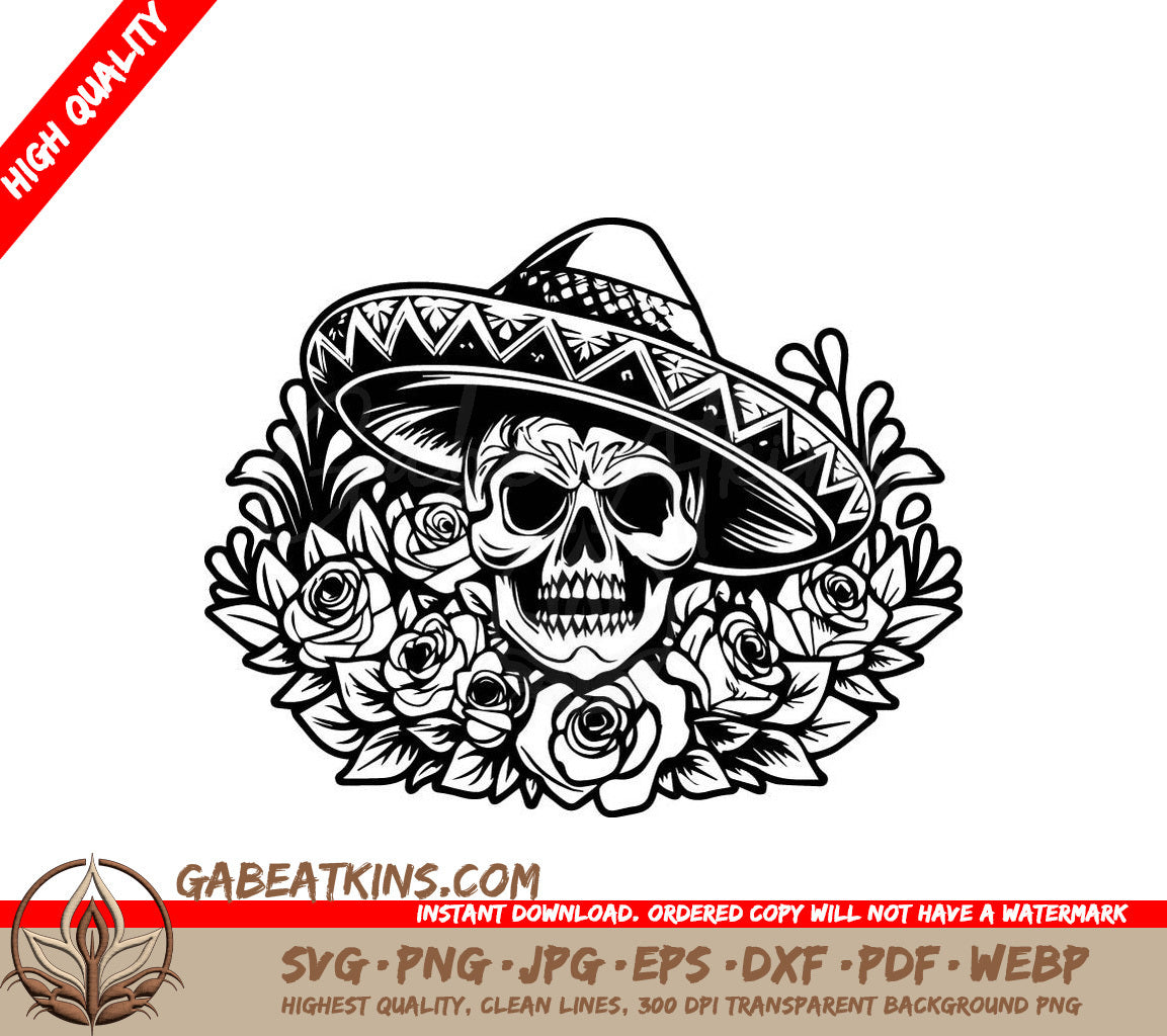 Mexican Sugar Skull Sombrero SVG - Retro  Rose Design SVG