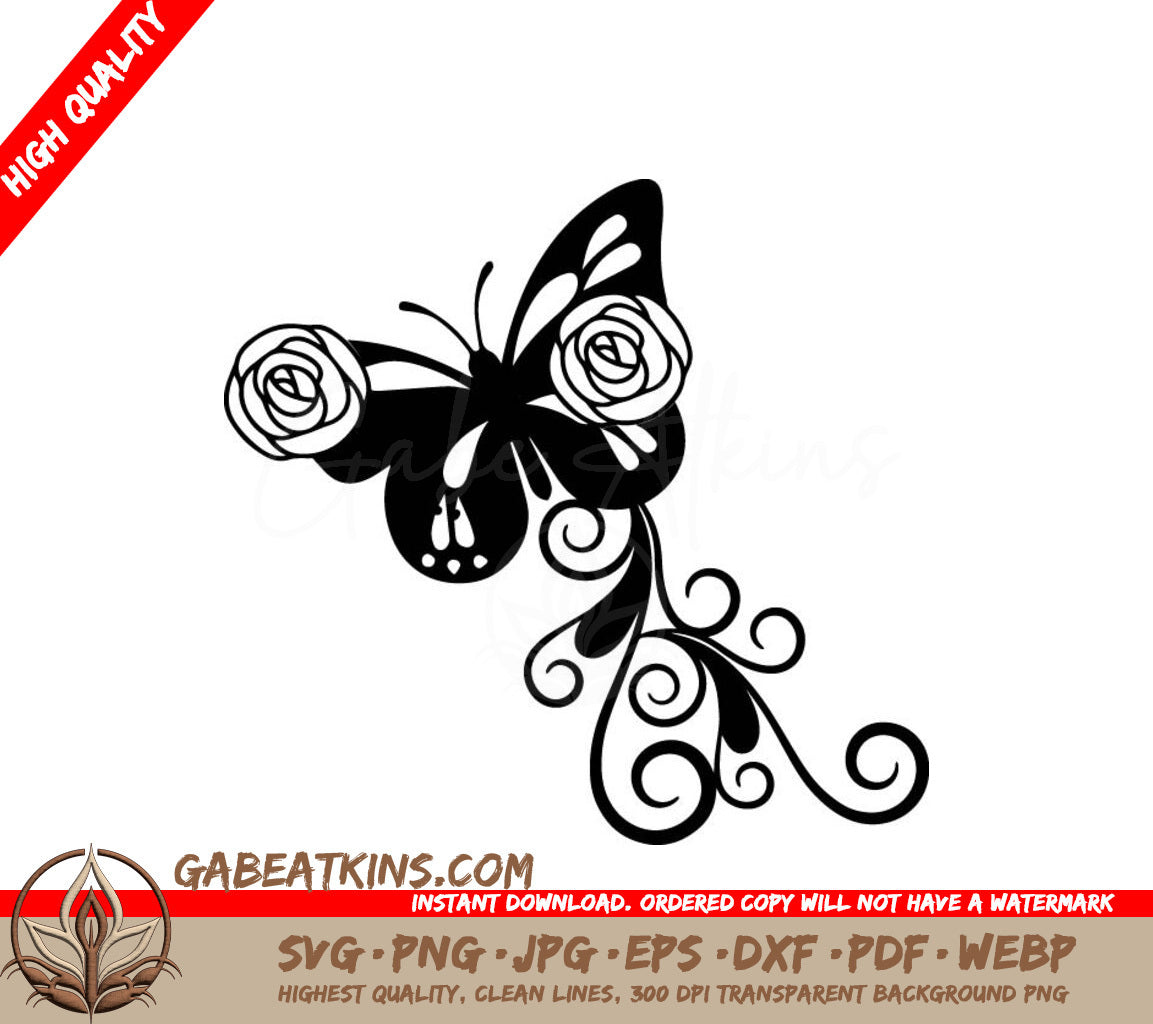  Monarch Butterfly with Roses & Swirls SVG SVG