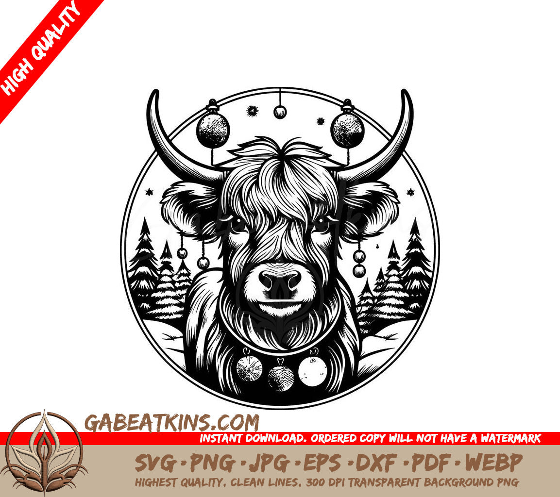  Bull with Christmas Decorations SVG - Monochromatic Highland Cow Illustration SVG