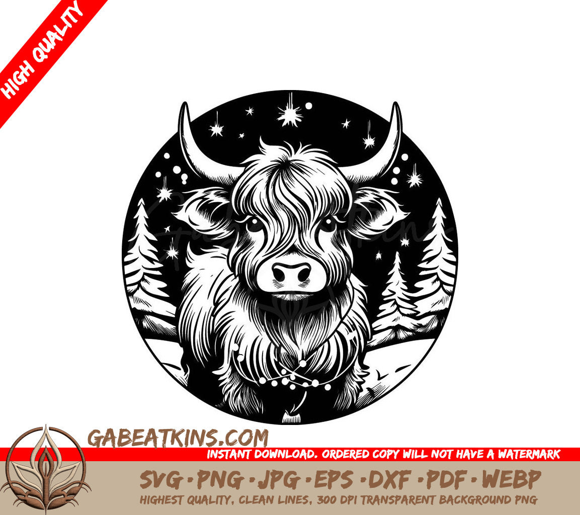  Yak Christmas Lights SVG - Monochromatic Highland Cow Illustration SVG