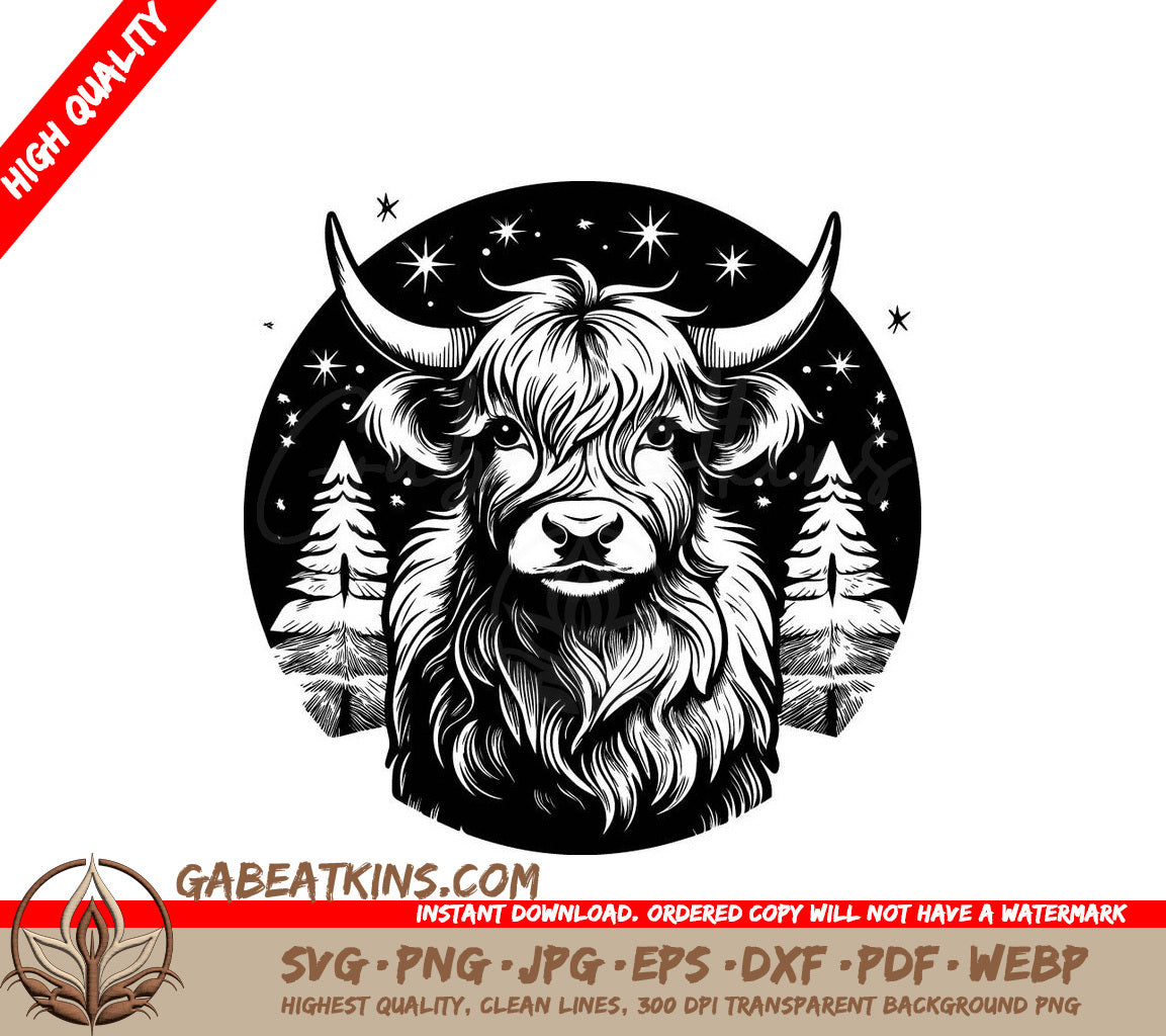  Highland Cow Christmas SVG - Monochromatic Bull in Snowy Landscape SVG