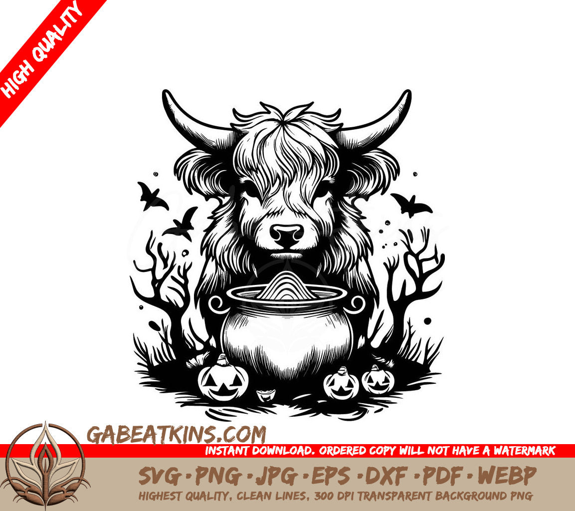 Highland Cow Halloween SVG -  Bull with Cauldron SVG