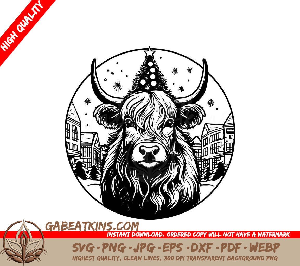  Bull with Christmas Tree SVG - Monochromatic Highland Cow Silhouette SVG