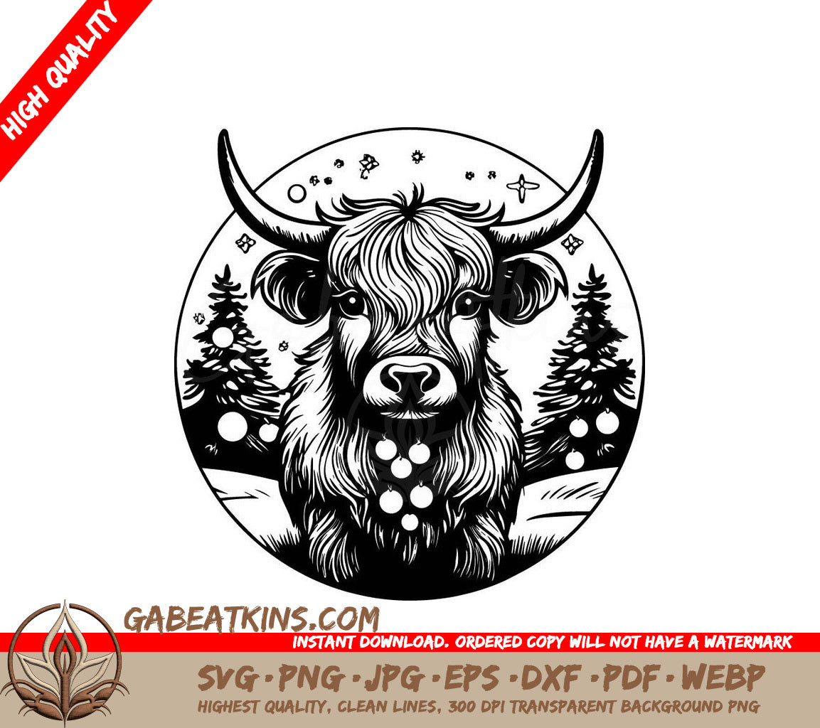  Yak with Trees SVG - Monochromatic Highland Cow Winter Wonderland SVG