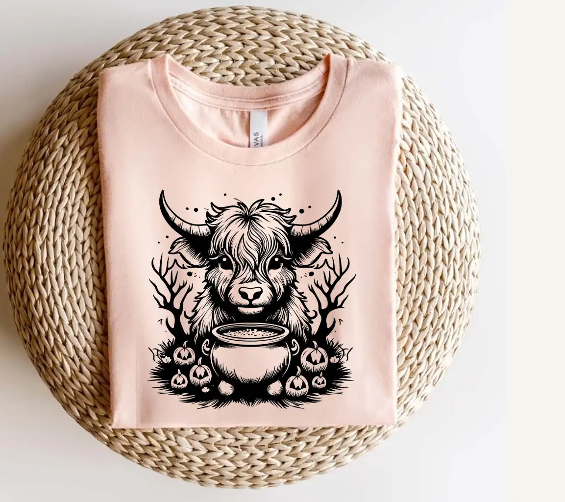 Halloween Highland Cow & Cauldron SVG - Monochrome Bull Illustration SVG