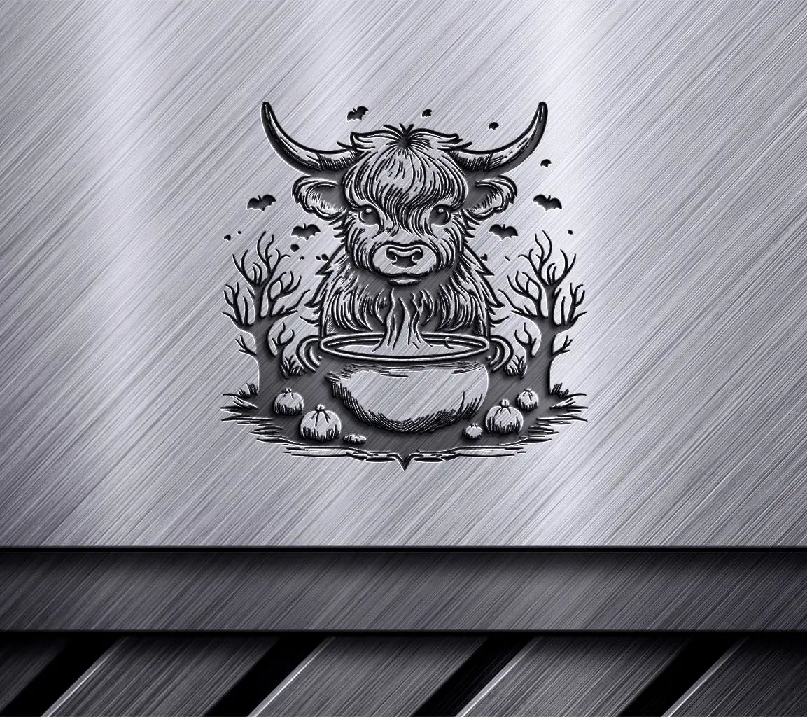 Halloween Highland Cow & Cauldron SVG - Monochrome Bull Illustration SVG