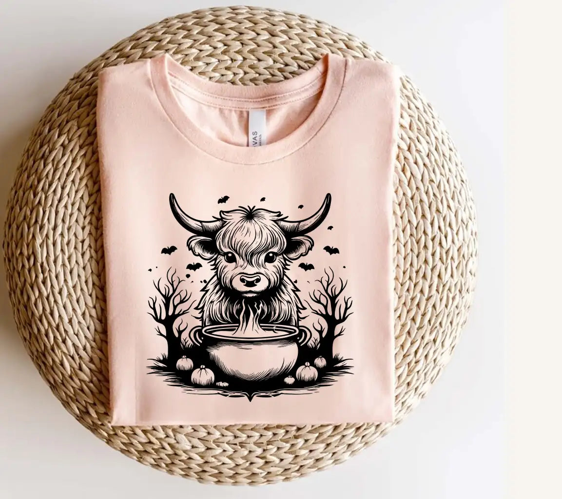 Halloween Highland Cow & Cauldron SVG - Monochrome Bull Illustration SVG