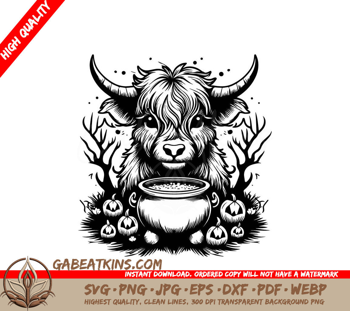 Halloween Highland Cow & Cauldron SVG - Monochrome Bull & Pumpkins SVG