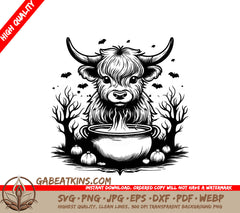 Halloween Highland Cow & Cauldron SVG - Monochrome Bull Illustration SVG