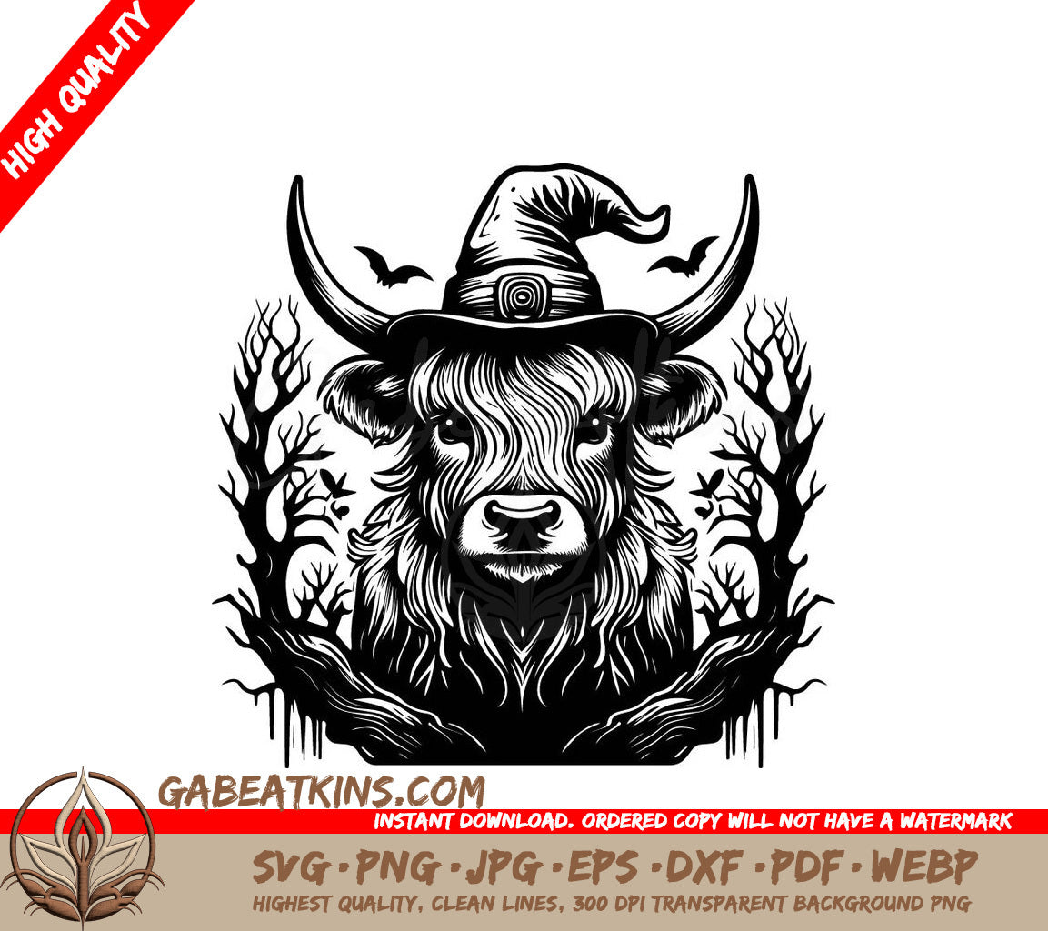  Witch Cow Halloween SVG - Monotone Highland Cow Forest Illustration SVG