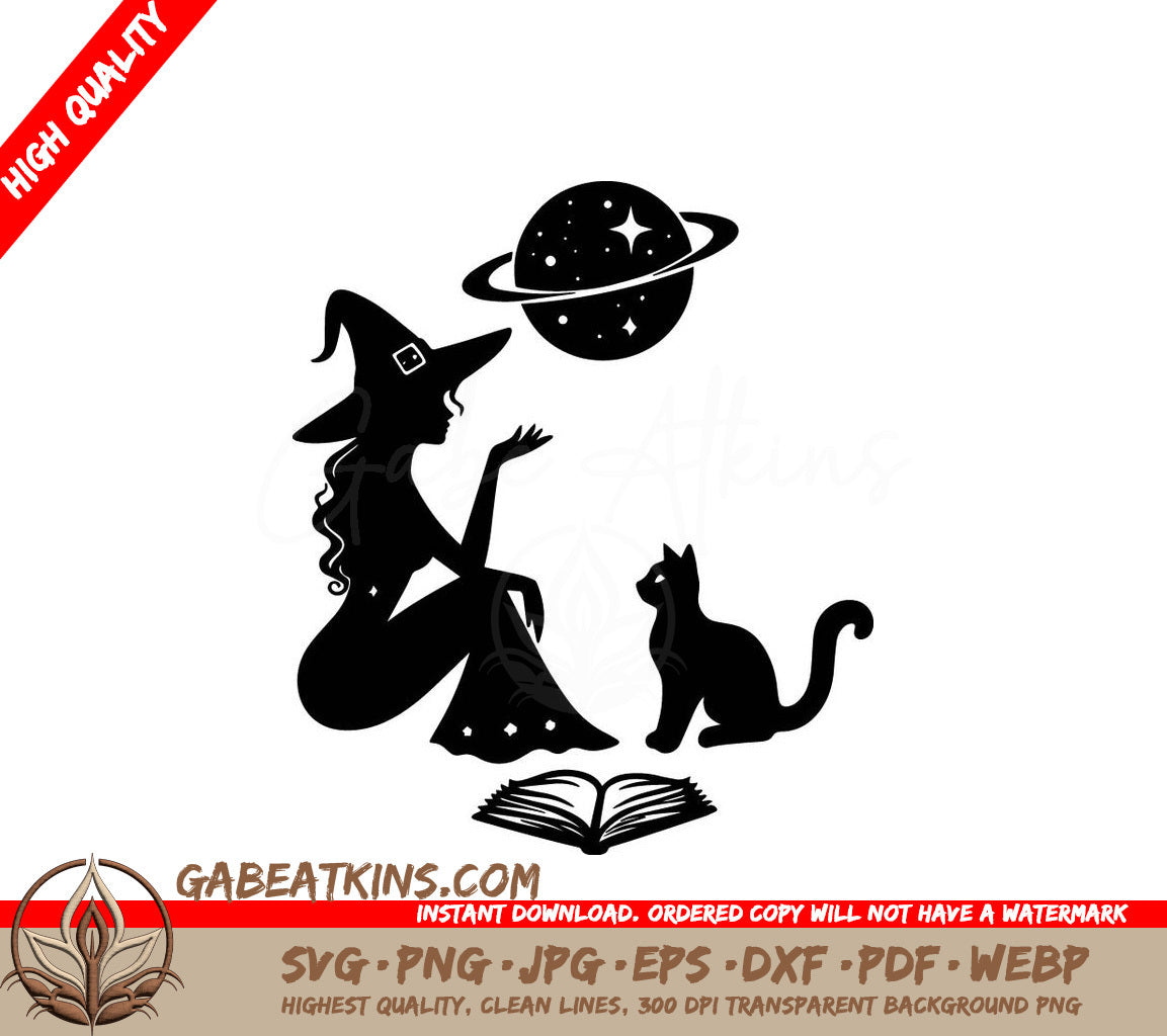  Witch and Cat Silhouette SVG - Moon Witch Design SVG