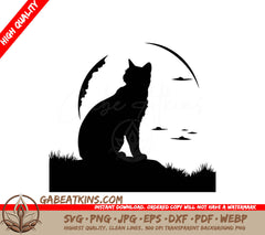 A Black And White Silhouette Of A Cat Sitting In The Grass SVG - Moonlit Cat SVG