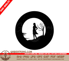 A Silhouette Of A Woman Standing In Front Of A Full Moon SVG - Moonlit Stargazing SVG