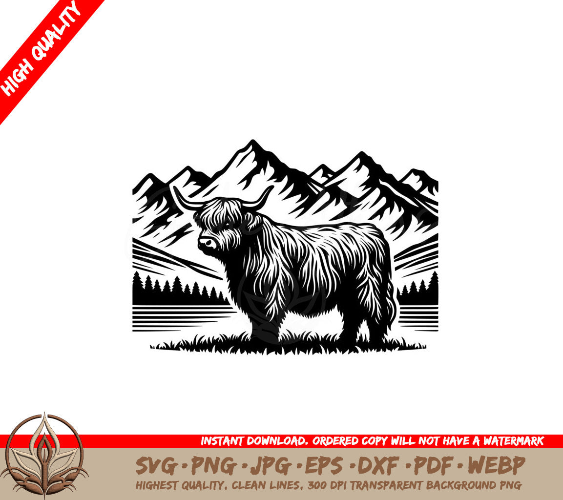 Mountain Grazing Highland Cow SVG - Digital File Included in Multiple Formats