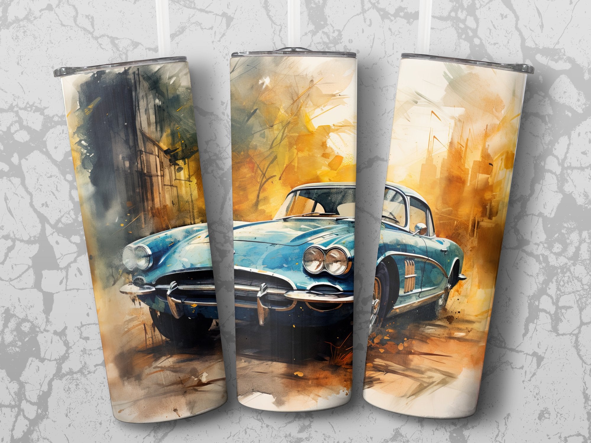 Classic Blue Corvette Watercolor Tumbler Wrap | 20oz Tumbler Wrap Sublimation Design PNG - Gabe Atkins Designs