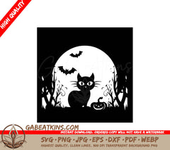 A Black Cat Sits In Front Of A Full Moon With Bats And Pumpkins