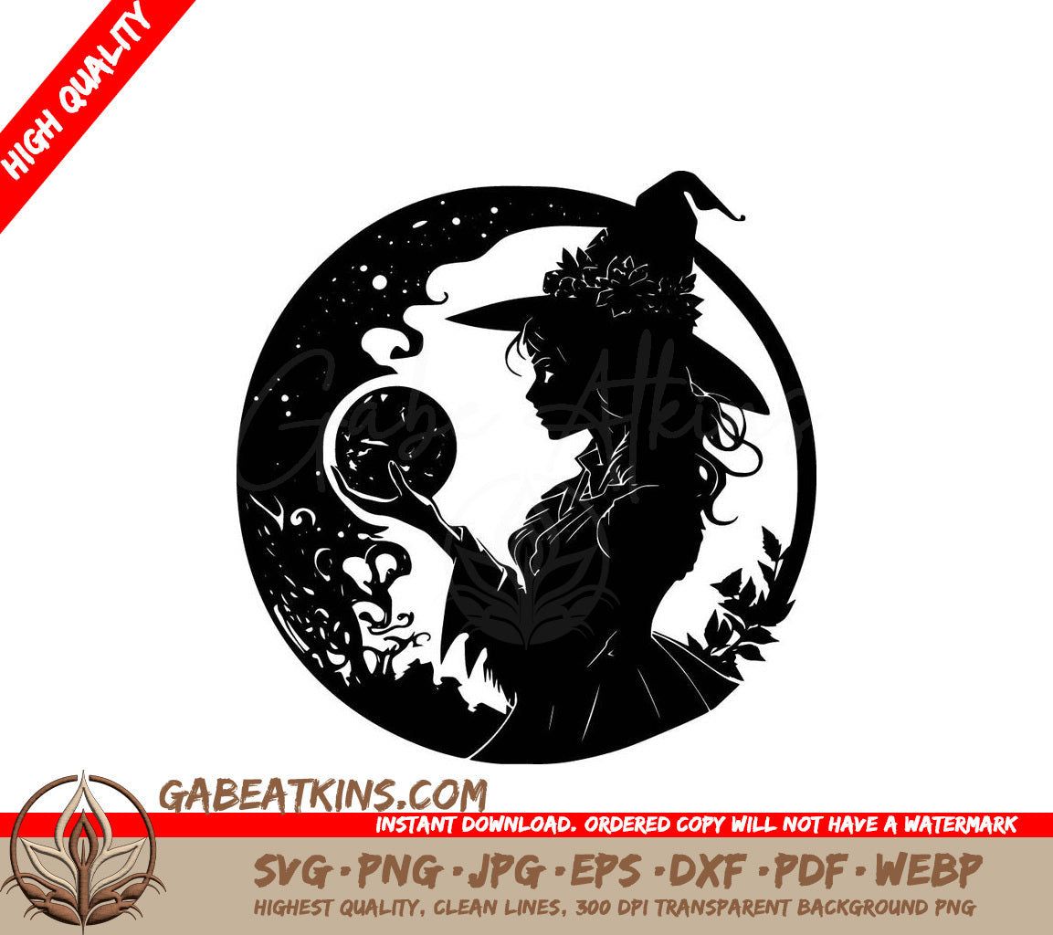 A Black And White Silhouette Of A Witch Holding A Ball