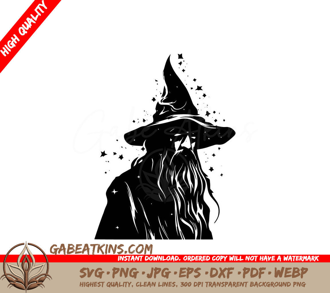 A Black And White Drawing Of A Wizard With Long Hair And A Beard