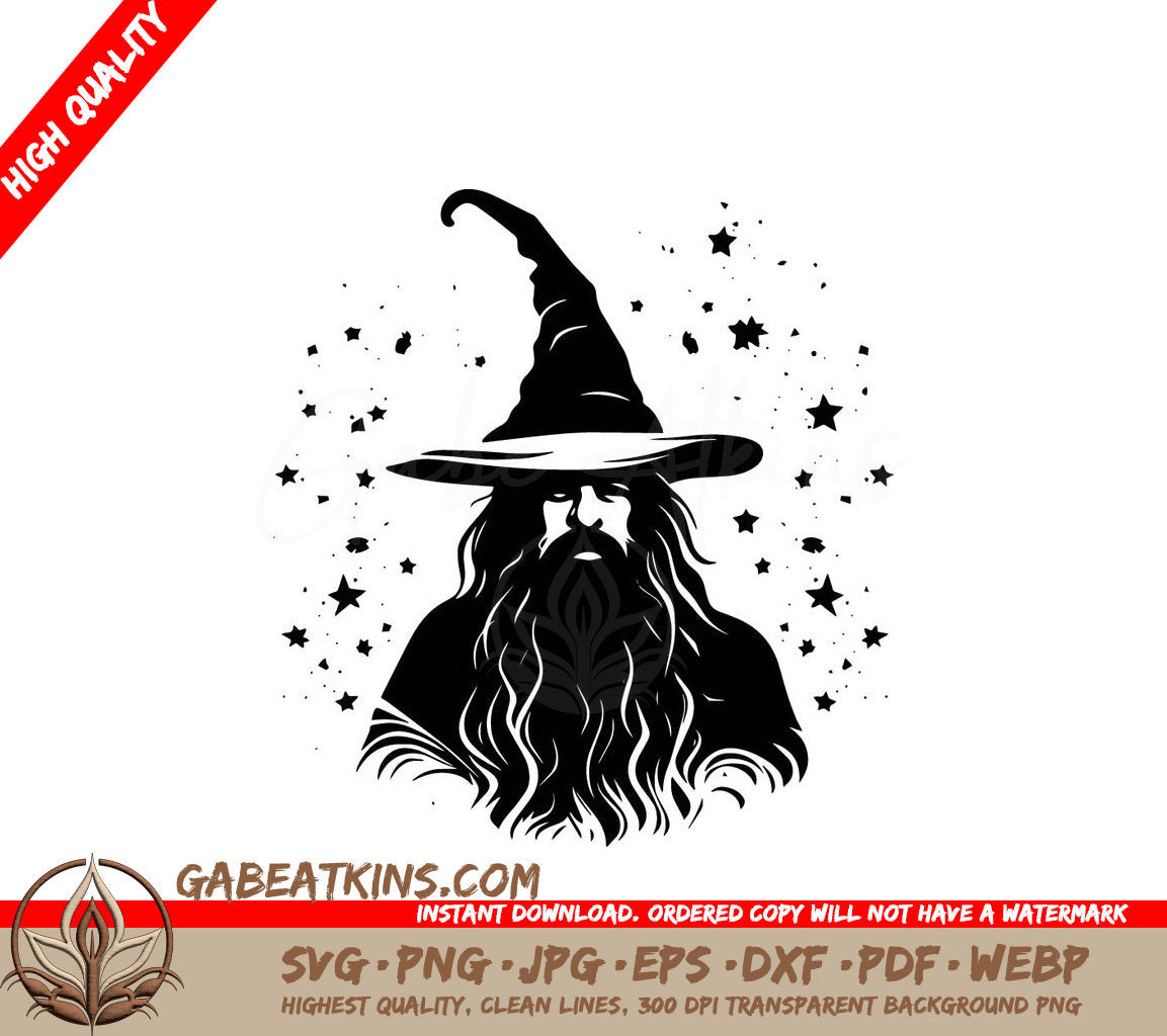 A Black And White Drawing Of A Wizard With Long Hair And A Beard