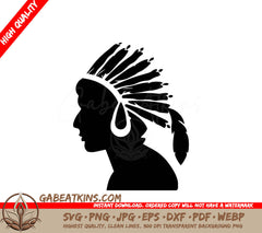 A Black And White Silhouette Of A Man Wearing A Native American Headdress SVG - Native American Silhouette SVG