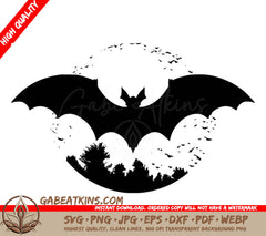 A Black And White Silhouette Of A Bat Flying Over A Forest .