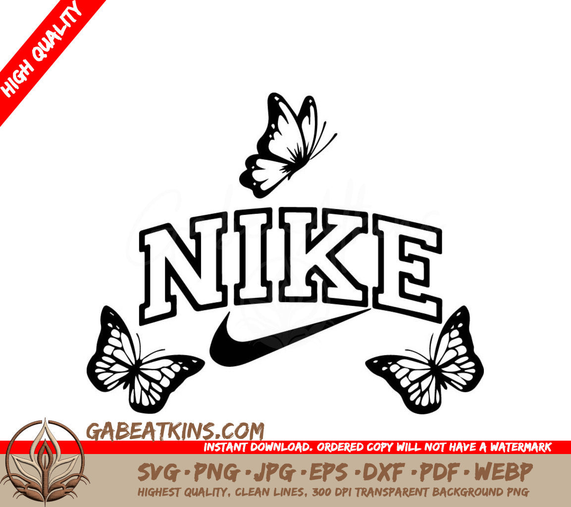 A Black And White Nike Logo With Butterflies Around It SVG - Nike Butterfly SVG SVG