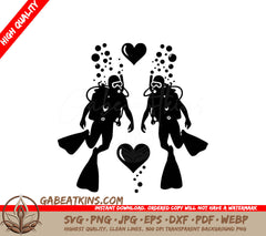 Two Scuba Divers With Hearts And Bubbles Coming Out Of Them SVG - Ocean Heartbeat SVG