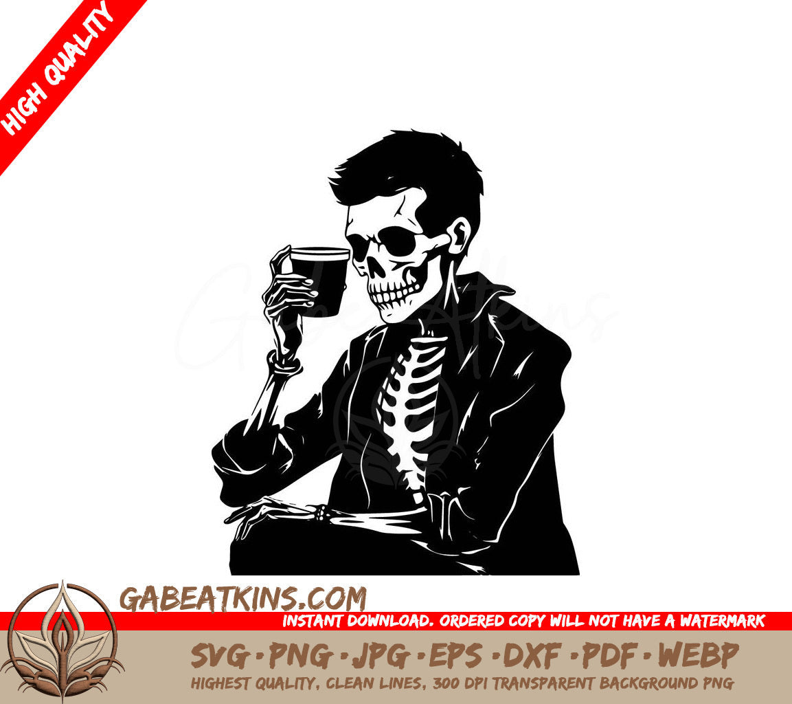 A Black And White Drawing Of A Skeleton Drinking A Cup Of Coffee