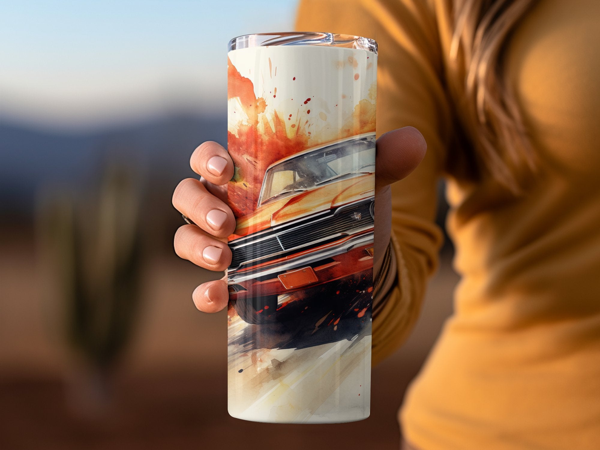 Orange Camaro Watercolor Motion Tumbler Wrap | 20oz Tumbler Wrap Sublimation Design PNG - Gabe Atkins Designs