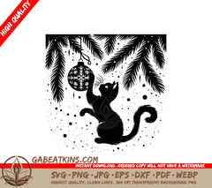 A Black And White Silhouette Of A Cat Playing With A Christmas Ornament SVG - Ornament Bandit SVG