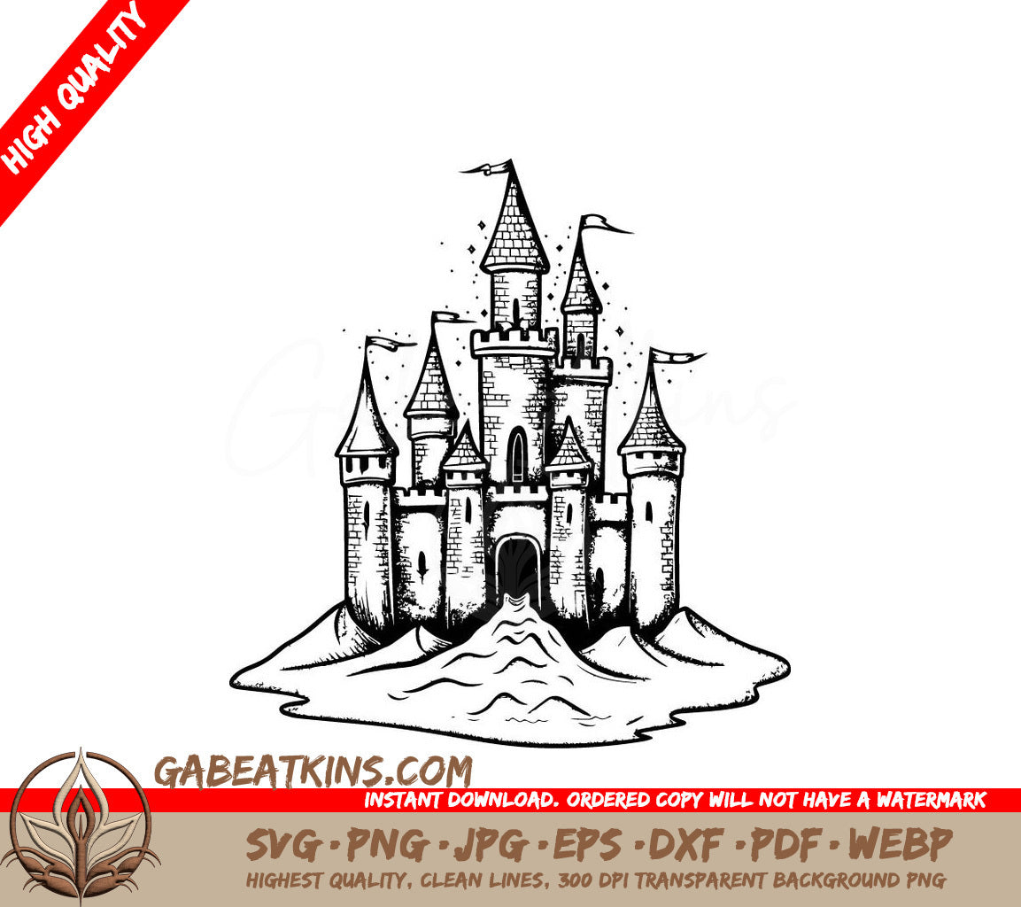 Ornate Medieval Castle Hilltop SVG -  Drawing SVG