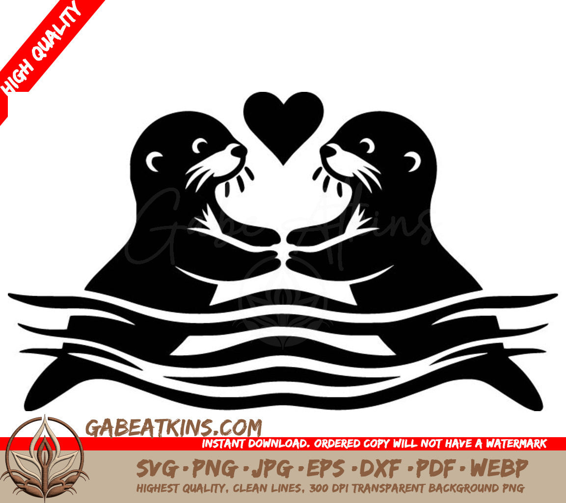 Two Seals Are Hugging Each Other In The Water With A Heart Between Them . SVG - Otter Heart SVG